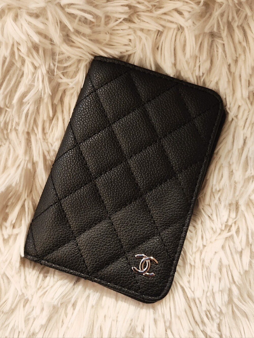 Black Quilted Leather Card And Passport Holder with Silver Emblem